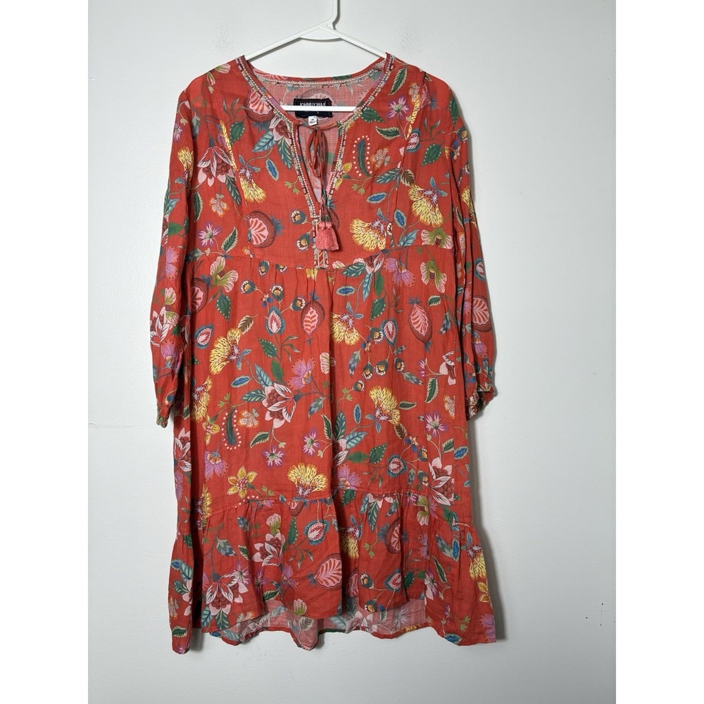 Johnny Was Whimsical Hibiscus Yoke Mini Dress Sz XS Oversized Red Needs A Slip